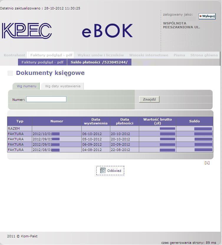 Menu Faktury podgląd - pdf Faktury podgląd - pdf Saldo płatności