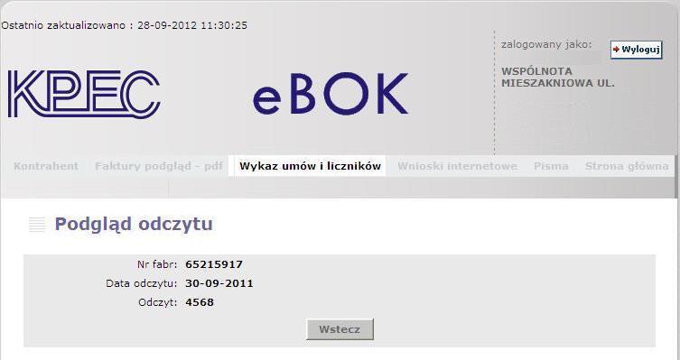 Opcja Podgląd licznika - dane dotyczące licznika i jego odczytów : szczegółowe cechy