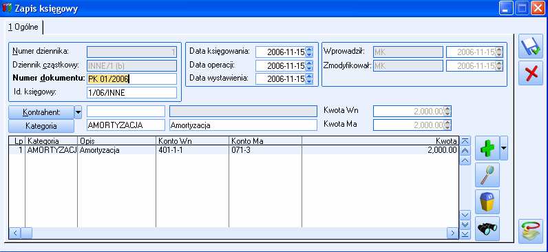 2010, - ple kntrahenta zstawić puste, - uzupełnić kategrię: Amrtyzacja, - następnie wprwadzić pzycje na frmularzu przez naciśnięcie Ddaj, - wprwadzić dekret na knt 401-1-1 p strnie Wn i 071-3 p