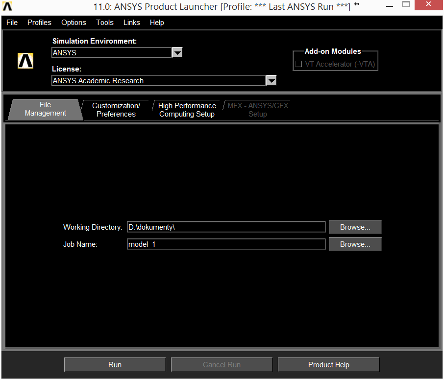 Ansys Product Launcher File Management pozwala ustalić