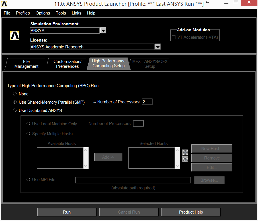 Ansys Product Launcher HPC Setup pozwala ustalić liczbę procesorów