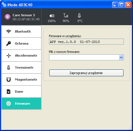 Po wybraniu zakładki Firmware pojawi się następujące okienko: W polu Firmware w urządzeniu wyświetlana jest wersja firmware znajdująca się w urządzeniu i data jego utworzenia.