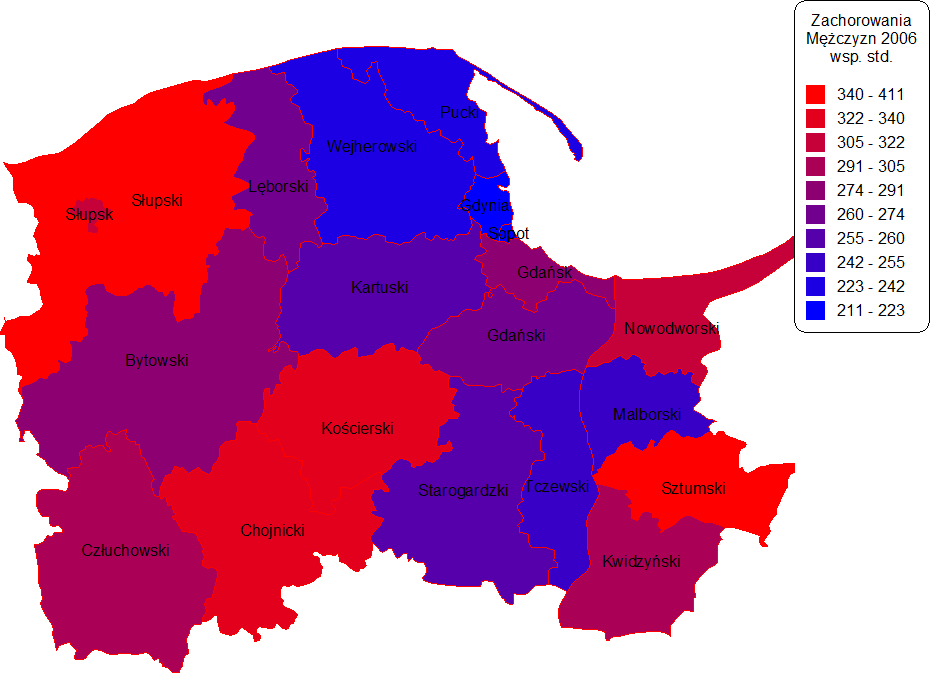 ANALIZA ZACHOROWAŃ I ZGONÓW NA NOWOTWORY ZŁOŚLIWE W WOJEWÓDZTWIE POMORSKIM 2006r Rysunek 3-1 Zachorowania na nowotwory złośliwe kobiet w 2006r,