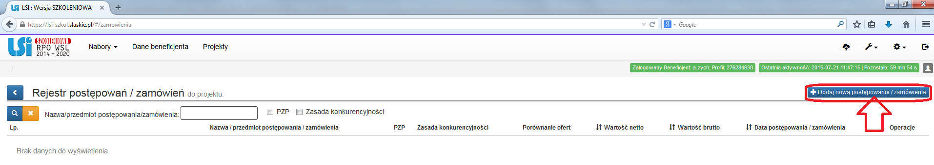 Rejestr postępowań / zamówień Rejestr postępowań/zamówień uzupełniany jest jedynie w odniesieniu do objętych projektem postępowań zakończonych.