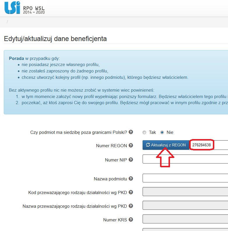 Profil Wnioskodawcy 1. Profil podmiotu Aby złożyć wniosek o dofinansowanie z danego konta należy utworzyć profil.