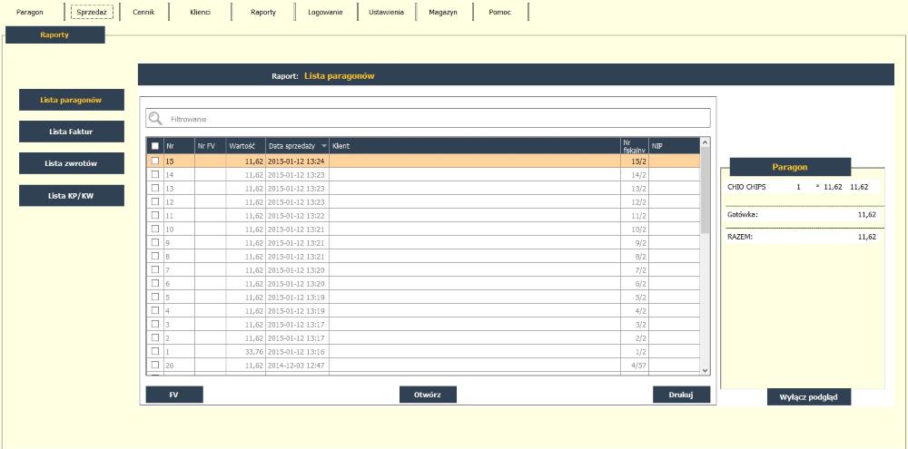 Sprzedaż Lista paragonów. Zamknięcie paragonu wykonuje się uruchamiając przycisk Zapłata, który otwiera okno rejestracji płatności.