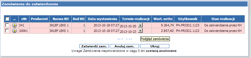 Zamówienia od przedstawicieli Okienko pop-up po zalogowaniu informacja o konieczności działania.