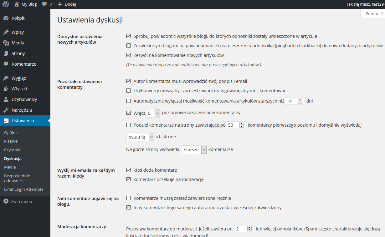 Poziom dyskusja tu ustawiamy czy chcemy aby była możliwość komentowania na stronie oraz jakie zasady mają tej czynności obowiązywać Domyślne ustawienia nowych artykułów: w przypadku dwóch pierwszych