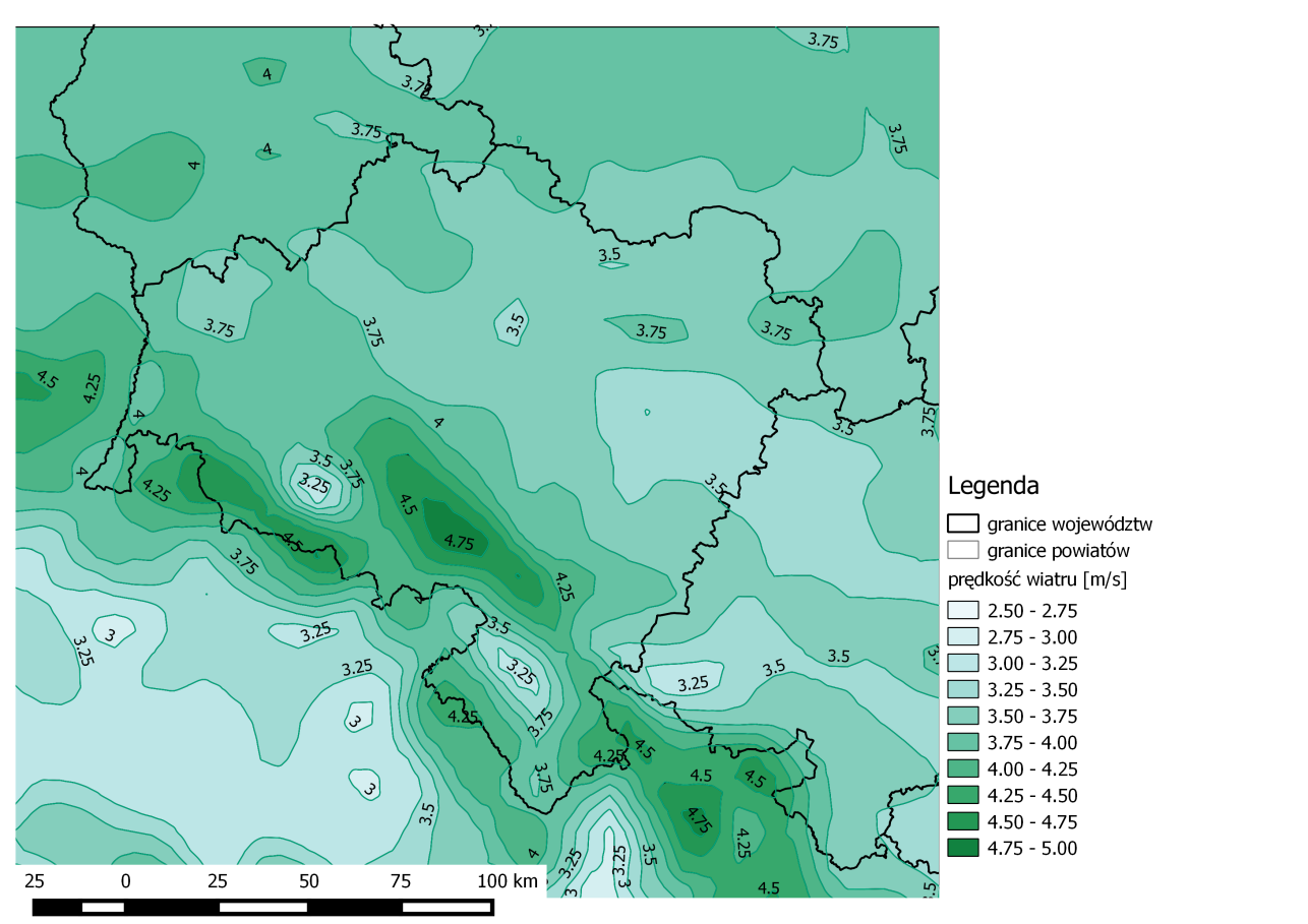 Rysunek 3 Przestrzenny rozkład średnich rocznych wartości prędkości wiatru wyznaczonych przez model WRF/CALMET w strefie dolnośląskiej w 2013 r.