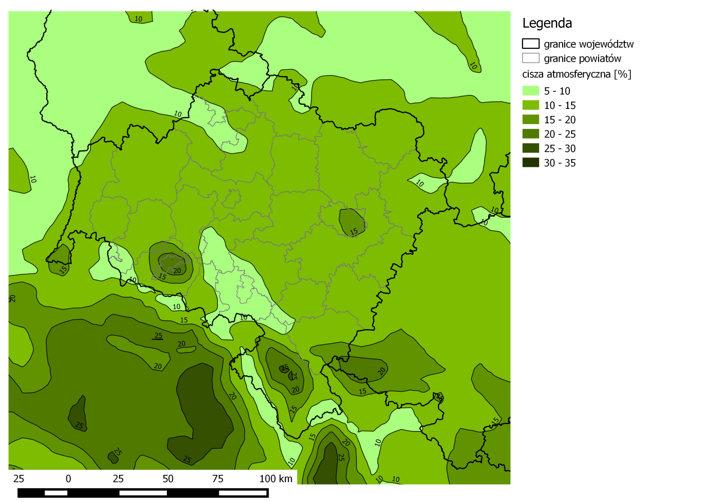 Rysunek 4 Przestrzenny rozkład częstości występowania cisz atmosferycznych (v<1,5[m/s]) wyznaczonych przez model WRF/CALMET w strefie dolnośląskiej w 2013 r.