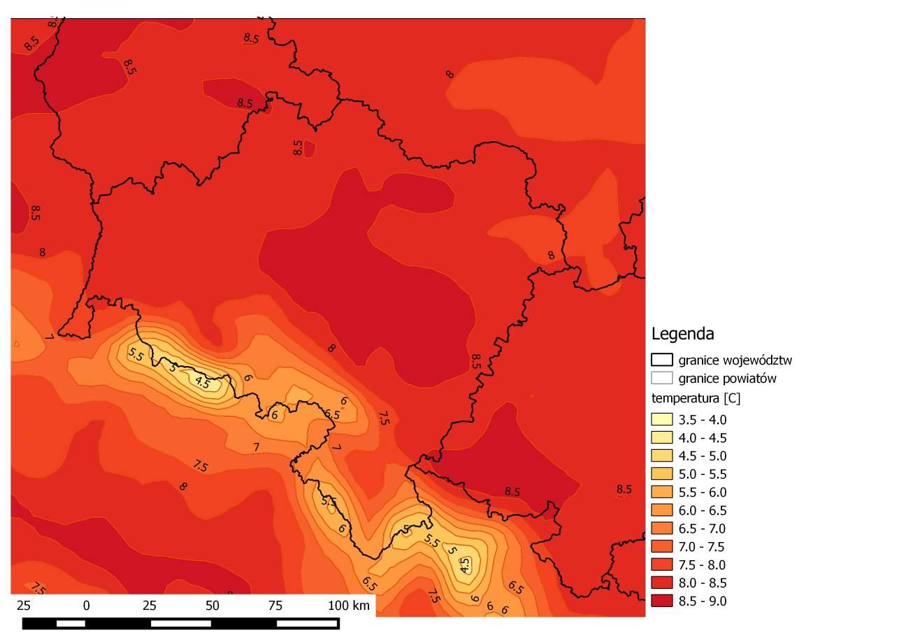 Styczeń Luty Marzec Kwiecień Maj Czerwiec Lipiec Sierpień Wrzesień Październik Listopad Grudzień Temperatura [ o C] Rysunek 9 Przestrzenny rozkład średnich rocznych wartości temperatury powietrza