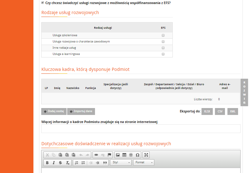 przeznaczone na podanie adresu strony internetowej zawierającej dodatkowe informacje dotyczące kluczowej kadry (Rysunek 18 C).