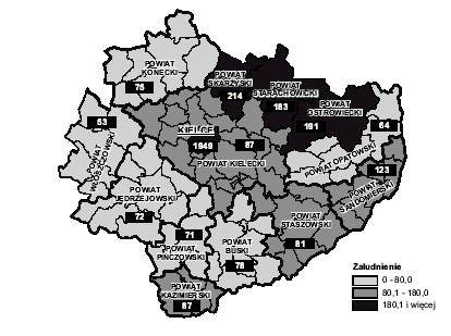 Mapa 1. Gęstość zaludnienia według powiatów w roku 2002. Źródło: Urząd Statystyczny w Kielcach, Wyniki NSPLiM, Kielce 2003 Tabela 4.