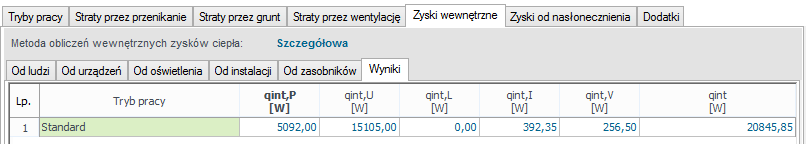 Opis obliczeń sezonowego zapotrzebowania na chłód na cele chłodzenia i wentylacji Zakładka wewnętrznych zysków ciepła metoda szczegółowa wyniki TRYB PRACY pole do podglądu dla jakiego trybu pracy