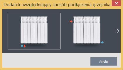 DOBÓR GRZEJNIKÓW Okno dodatku na obudowę DODATEK UWZGLĘDNIAJĄCY SPOSÓB PODŁĄCZENIA GRZEJNIKAβP pole do edycji przez użytkownika, pod przyciskiem Tablica mamy podpowiedź wg poniższej tabelki,