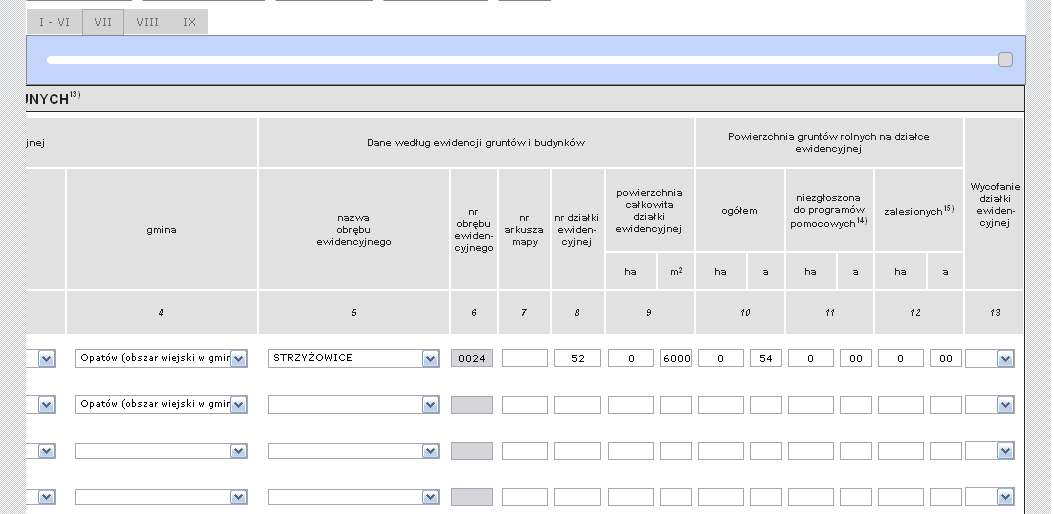 W celu dodania nowej działki ewidencyjnej należy użyd rozwijanego menu dla poszczególnych pól (Ekran 32).