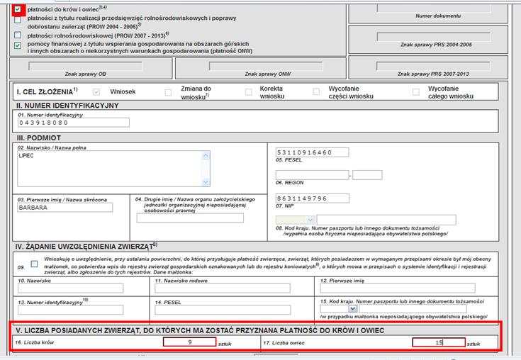 0123456789 0123456789 Nowak 0123456789 Ekran 50 wpisanie danych w sekcji V W przypadku ubiegania się o płatnośd do krów i owiec tj.