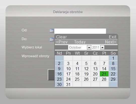 7 System epon Dokumentacja użytkownika Rys. 9. Stałe elementy ekranu 1.6. Wprowadzanie dat Daty w systemie wprowadzamy za pomocą kalendarza klikając na przycisk.