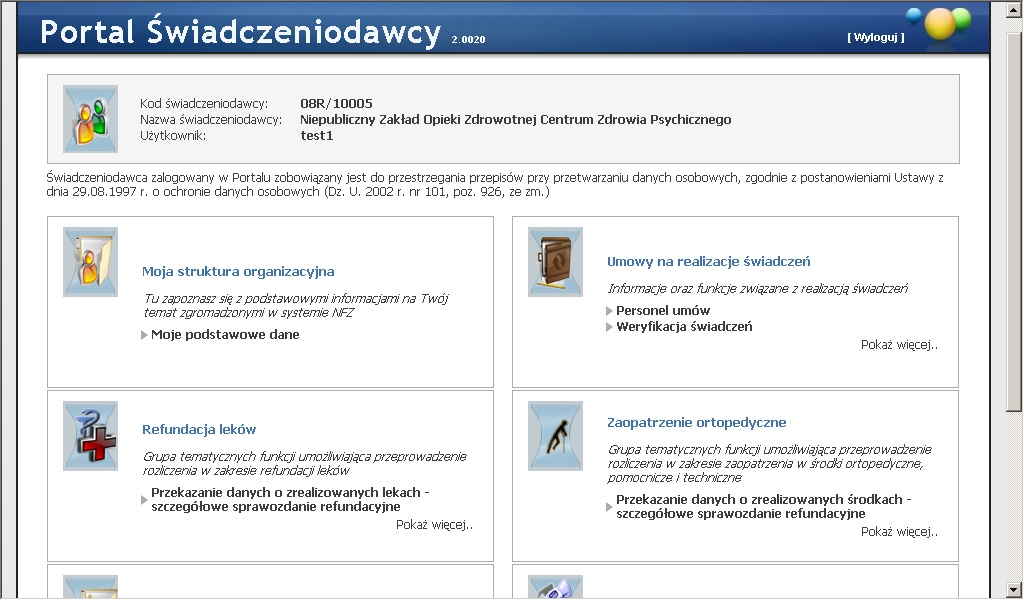 5 Portale Oddziałowe zamieszczona powyżej strona www, umożliwiająca wejście do systemu, po podaniu przydzielonego identyfikatora w postaci: kod świadczeniodawcy, użytkownik i hasło.