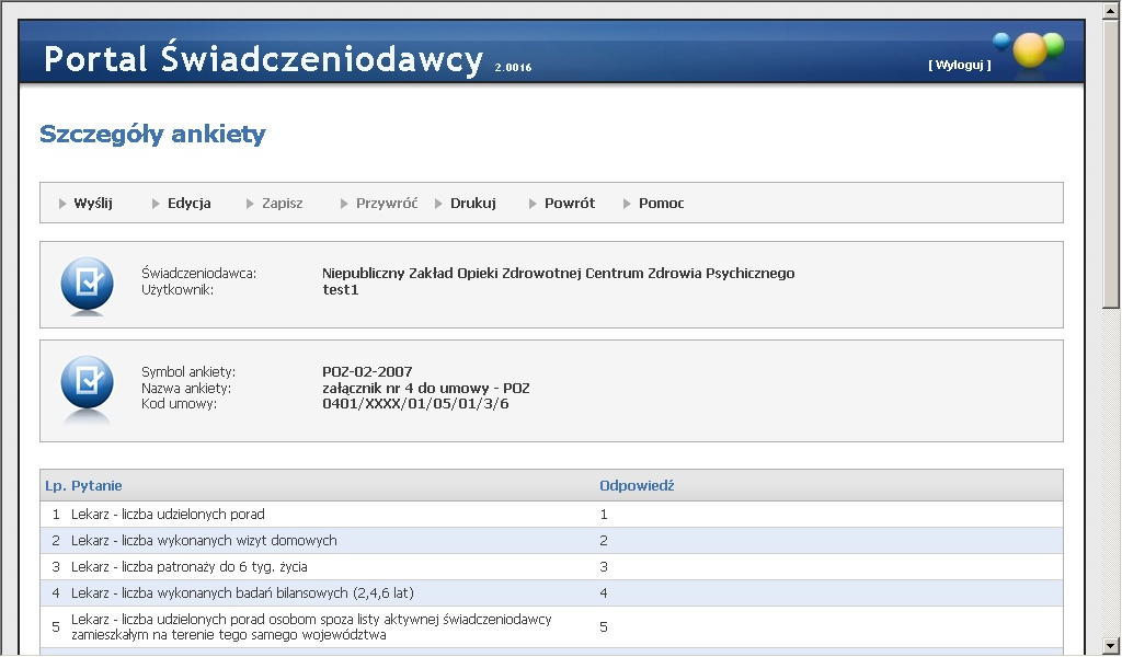 73 Portale Oddziałowe W przypadku konieczności edytowania danych wypełnionej już raz ankiety (przed wysłaniem do operatora NFZ), należy ponownie wybrać odsyłacz Pokaż szczegóły na liście ankiet i na