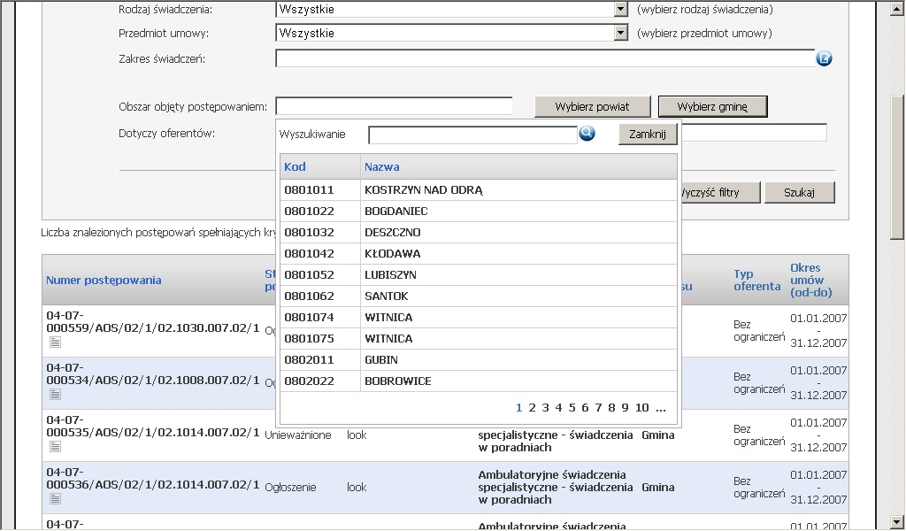 79 Portale Oddziałowe Data ogłoszenia (od-do) - zawęża listę wyszukiwanych postępowań, do tych w określonym przedziale czasowym.