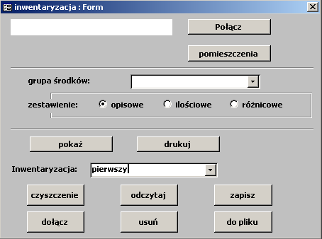 Pomieszczenia wykaz inwentarza Formularz Wykaz inwentarza dostępny z poziomu formularza głównego pod przyciskiem Pomieszczenia umożliwia wydruk kart Spisu