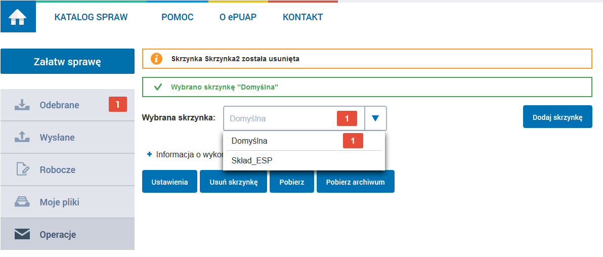 Krok 5. Po wybraniu Usuń wybrana skrzynka zostanie usunięta. Potwierdzeniem usunięcia skrzynki będzie komunikat Skrzynka nazwa_skrzynki została usunięta.