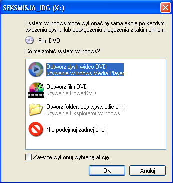 36 Windows XP Professional PL. Ćwiczenia praktyczne Rysunek 4.1. Pytanie o podjęcie stosownej akcji 1. Otwórz program Windows Media Player.