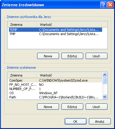 6 Systemy operacyjne i sieci komputerowe. Część 010. Rys. 2 Okno dialogowe Zmienne środowiskowe III.