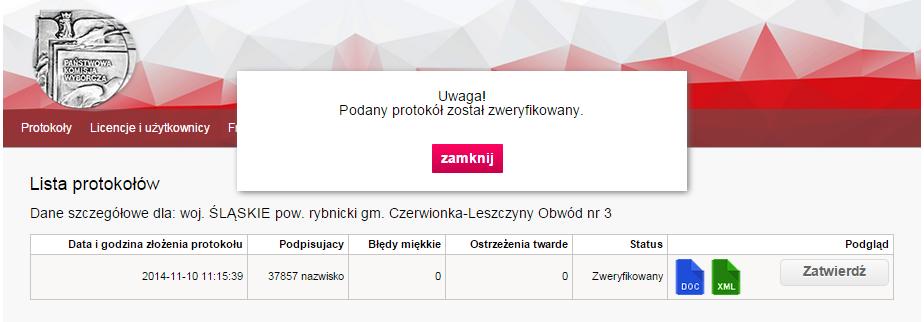 Aby przejść do zatwierdzania protokołów zweryfikowanych należy kliknąć w nazwe