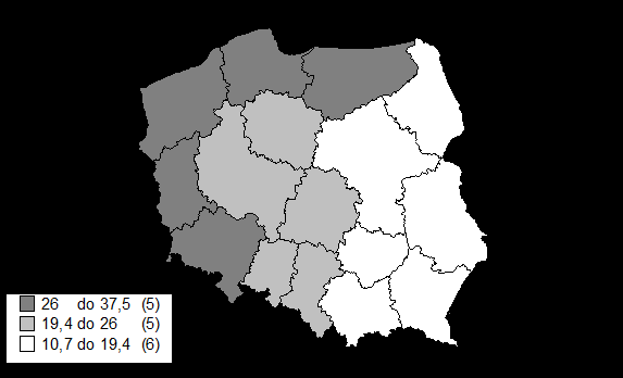 Analizując poziom urodzeń nieślubnych, łatwo zauważyć można różnicę pomiędzy dwoma zwartymi obszarami ziemiami północno-zachodnimi a Polską południowo-wschodnią (mapa 1 - im ciemniejszy kolor, tym