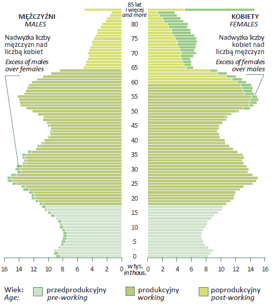 Ludność wg płci i wieku w 2010 r. (stan w dniu 31.XII) Źródło: Urząd Statystyczny w Szczecinie Zmiany proporcji płci w poszczególnych grupach wieku przebiegają odmiennie dla ludności miast i wsi.