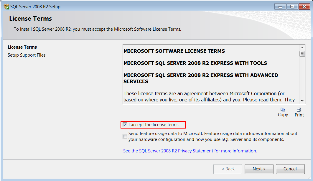 Instalacja Microsoft SQL Server 2008 R2 Express z plików pobranych z serwera FTP 3/12 Bezpośrednio po uruchomieniu instalator sprawdza, czy zainstalowane są wymagane komponenty.