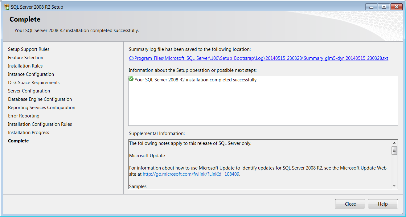 Instalacja Microsoft SQL Server 2008 R2 Express z plików pobranych z serwera FTP 9/12 21. Kliknij przycisk Close, aby zamknąć okno SQL Server 2008 R2 Setup. 22.