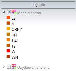 1. Uruchomienie aplikacji. a. Wprowadź nazwę użytkownika w miejsce Nazwa użytkownika b. Wprowadź hasło w pole Hasło c. Uruchom aplikacje przyciskiem Zaloguj 2. Konfiguracja legendy. a. Rozwiń podwarstwy Mapy glebowej naciskając ikonę trojkąta znajdującą się po lewej stronie nazwy warstwy.