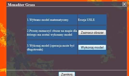 Uruchomienie modeli matematycznych. a. Uruchom w lewym menu sekcję Modele Matematyczne b. Zaznacz model Erozja USLE i naciśnij ikonę Play czyli Trójkącika zwróconego w prawą stronę. c. W nowym oknie klikamy przycisk Zaznacz obszar d.