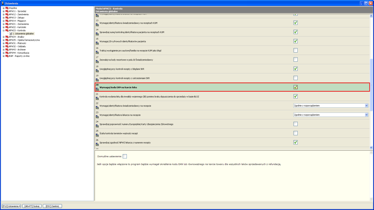 Rys.52. Opcje modułów opcja APW13.2.49 H. Wymagaj kodu EAN na karcie leku (APW23.1.20).