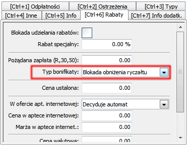 Rys.3. Karta towaru zakładka [Ctrl+6] Rabaty Szczegółowy opis parametrów związanych z nową ustawą 6. Parametry ustawień.