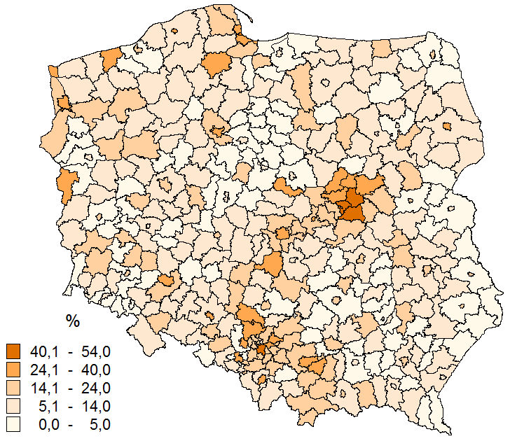 Udział przychodni realizujących świadczenia wyłącznie ze środków prywatnych w ogólnej liczbie przychodni [%] Wskaźnik dotyczy przychodni realizujących świadczenia ambulatoryjnej opieki zdrowotnej