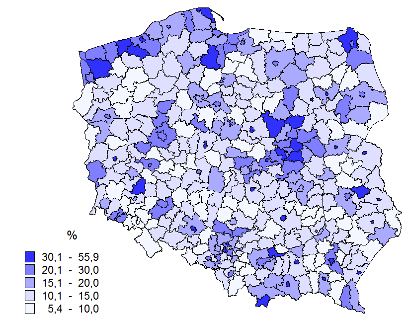 Odsetek pacjentów mieszkających poza miejscem udzielania porad POZ [%] Wskaźnik dotyczy placówek świadczących usługi podstawowej opieki zdrowotnej, które podpisały umowę z NFZ i pacjentów