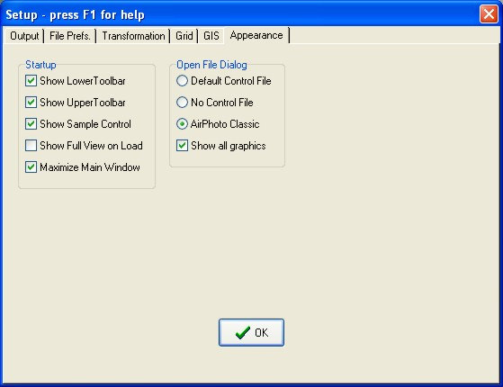 Proszę wybrać: MapInfo Tab File SETUP / APPEARANCE Opcja ta umożliwia dostosowanie wyglądu AirPhoto na ekranie. Maximize Main Window oznacza, że za każdym razem program otworzy się na pełny ekran.