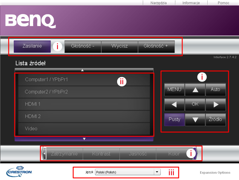 Strona Crestron jest dostępna tylko w przypadku korzystania z przewodowej sieci LAN. Ona także umożliwia zdalne sterowanie projektorem. System Crestron obsługuje program RoomView w wersji 6.2.2.9. i.