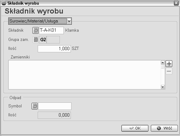 Pobierz pozycje z innej receptury, która umożliwia pobranie pozycji z innej receptury np. zdefiniowanej dla innego wyrobu.