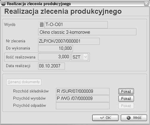 Po utworzeniu rozchodu surowców i materiałów powstanie nowy przychód wyrobów gotowych i ew. odpadów.
