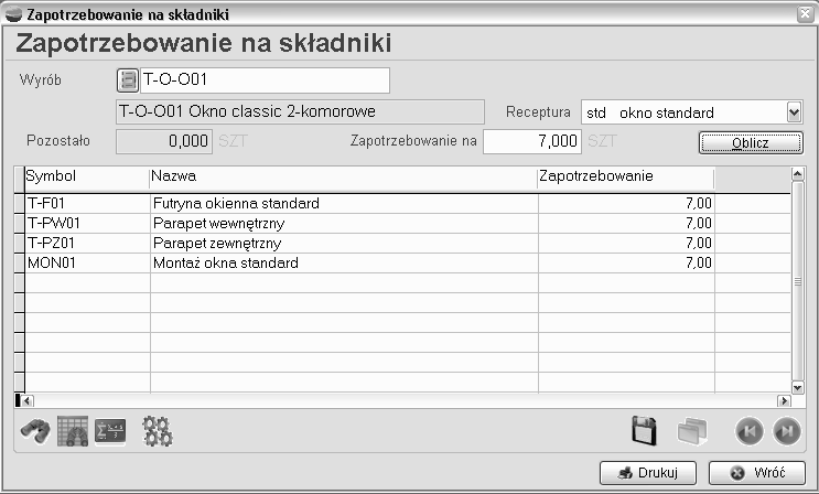8.5. Zapotrzebowanie na składniki Zestawienie to jest jakby kalkulatorem. Bez oglądania się na stany magazynowe podaje ilość składników potrzebne do wykonania pewnej ilości wyrobu.