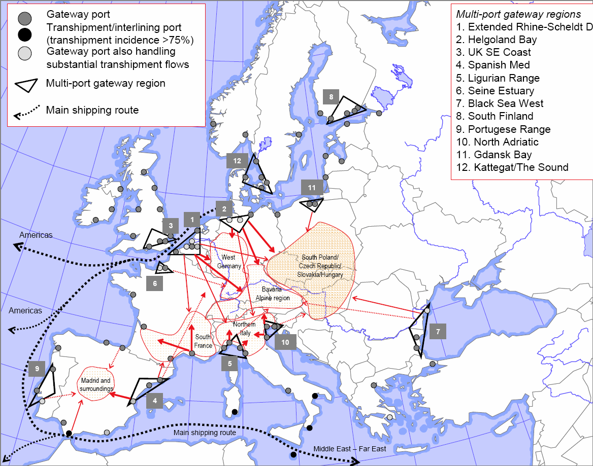 Główne obszary zaplecza spornego portów europejskich źródło: