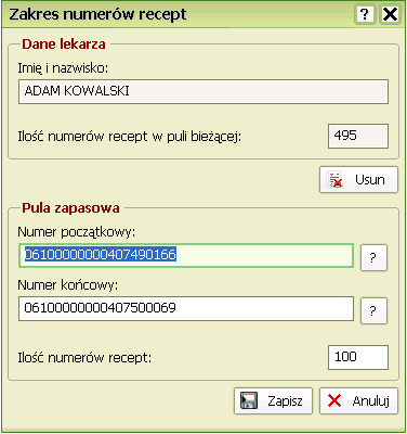 Definiowanie zakresu numerów recept Celem wprowadzenia numerów recept dla danego lekarza, na ekranie głównym kliknij strzałkę rozwijając menu pomocnicze Następnie z menu pomocniczego kliknij Numery