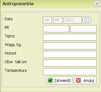 Wybierz aby usunšć wybranš antropometrię Dodawanie antropometrii: Antropometria (dzieci) W przypadku dzieci do 1 roku życia formularz ma następującą postać: W czasie wizyty należy dokonać nowych