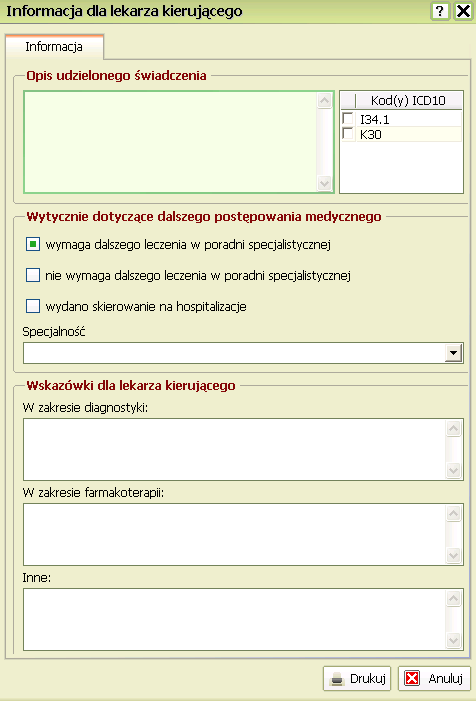 Wybierz z listy pola Kod ICD-10 oraz Wytyczne dotyczące dalszego postępowania medycznego (m.in.