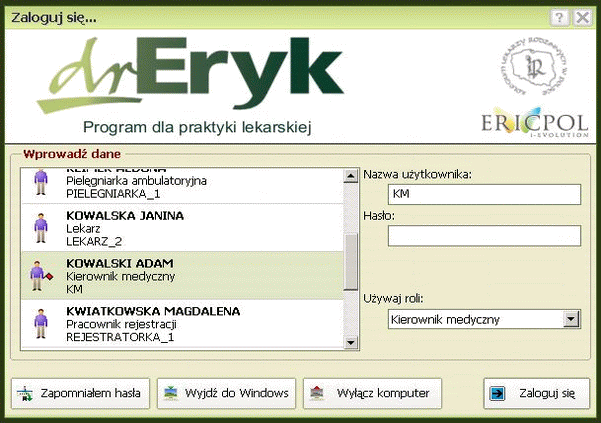 Rozpoczęcie pracy z systemem Aplikację DrEryk możesz uruchomić na dwa sposoby: kliknij na ikonkę programu znajdującą się na pulpicie monitora lub wybierz Start -> Programy -> DrEryk Praktyka ->